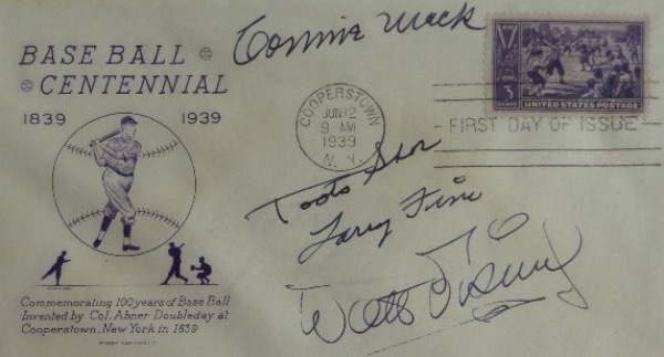 This vintage First Day of Issue cachet commemorates the 1939 Baseball Centennial, and is stamped from the Hall of Fame Opening date of June 12, 1939.  It comes hand-signed in dark blue fountain pen ink by three different American icons, including Walt Disney, Larry Fine and Connie Mack, and Fine has included a Toots Shor inscription, suggesting that this piece was signed at the famed restaurant.  A truly unique collector's item, valued at PRICELESS!!!