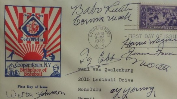 This June 12, 1939 stamped Baseball Centennial 1939 First Day of Issue cachet is hand-signed in dark blue ink by eight of the greatest ever to play/coach!  Included are Babe Ruth, Cy Young, Ty Cobb, Honus Wagner, Jimmie Foxx, Mel Ott, Walter Johnson and Connie Mack.  With all of these legends on one piece, retail has got to be upwards of ten grand!