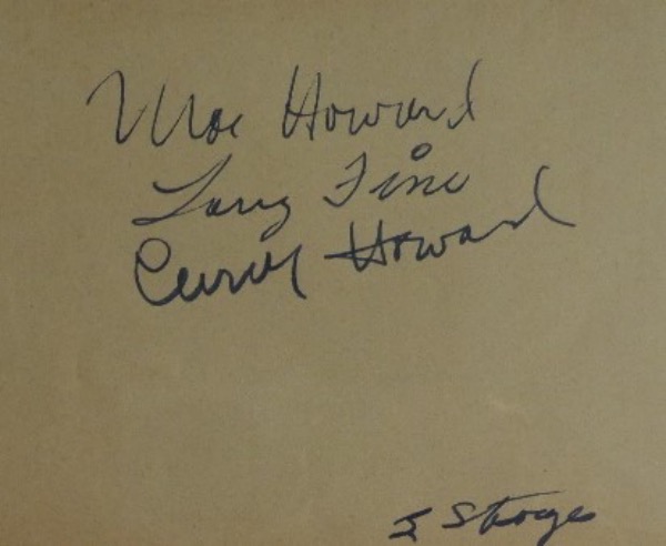 This pink-colored page was nicely removed from a vintage autograph book, measuring approximately 4x5.75" with rounded corners on the right.  It is boldly blue fountain pen ink-signed by all three original Stooges, including Moe Howard, Curly Howard and Larry Fine, all grading 8's or better.  A fabulous collector's item from three long-deceased comedy stars, valued into the low thousands!