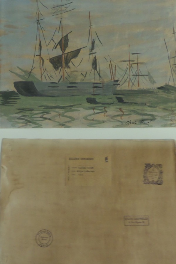 Wow, this piece is done on old artists thick stock paper and in superb condition. Done in watercolors and shows boats on the water.  Lots of green,browns,etc. and comes SIGNED by this long-deceased master at the bottom in black. Titled "Ships in Harbor" &  The back comes with 4 different Museum and Gallery markings and it BEGS to be framed and shown off. Everyone knows Monet's go for HUGE dollars. Done circa 1873!