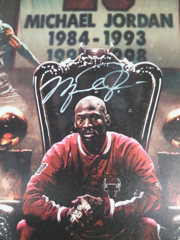 This well done, full color work is a real canvas, about 22x28 in size, and shows the Bulls HOF star in a custom pose. It comes boldly silver paint pen signed on a perfect spot, and value is well over THREE grand. It is a stunner, and a solid buy and hold NBA investment choice. 