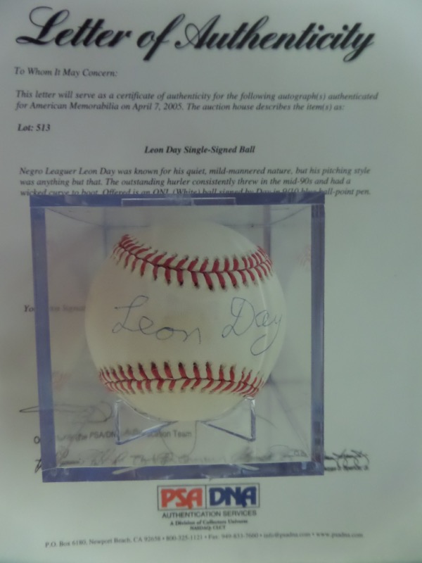 This true RARITY is an Official National League Baseball from Rawlings, cubed in EX overall condition, and hand-signed in blue ink across the sweet spot by HOF Newark Eagles legend, Leon Day!  The signature is a legible 7, and the ball includes a full LOA from PSA/DNA for authenticity purposes.  Valued into the low thousands from this long-deceased diamond dandy!