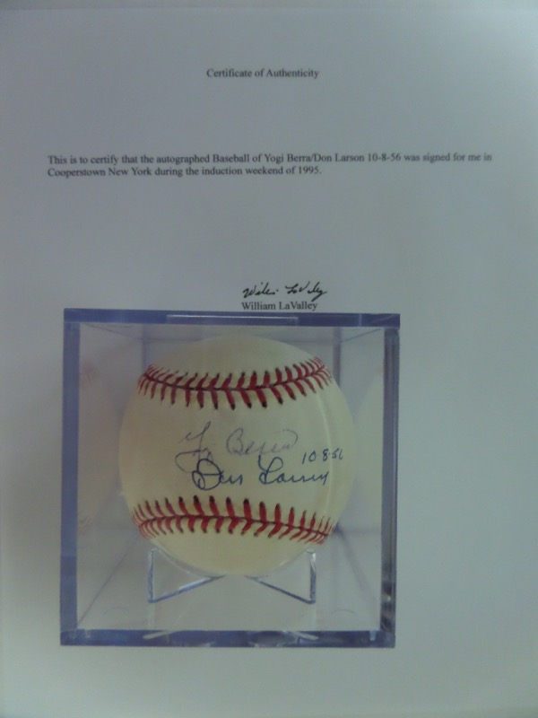 This Official American League Baseball from Rawlings is cubed in VG shape, and comes sweet spot-signed by the pitcher/catcher combo that brought us the only perfect game in WS history!  Included are Yogi Berra and Don Larsen, both on the sweet spot, with Larsen adding a 10-8-56 inscription, and the ball comes with a letter of provenance from the original collector for authenticity.  Valued into the very high hundreds!