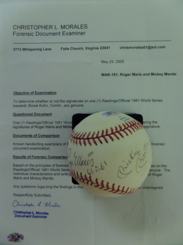 This Official 1981 World Series Baseball is cubed in EX condition, and comes black ink signed on the sweet spot by Maris and on the right panel by Mantle!  The Maris signature includes a 61 in 61 inscription, and the ball comes with a COA from forensics examiner Chris Morales for authenticity purposes!  Valued into the THOUSANDS!