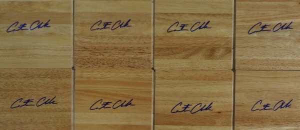 This fantastic dealer's chance is EIGHT 6x6 wooden floor board pieces, each in NM or better condition, and each hand-signed in blue sharpie by the NCAA's all time leading scorer, and now, the star WNBA rookie, Caitlin Clark.  Signatures here are lovely, grading 8's or better on each board, and with Clark's present popularity, each board can retail into the hundreds by itself, making this lot a real earner!!!