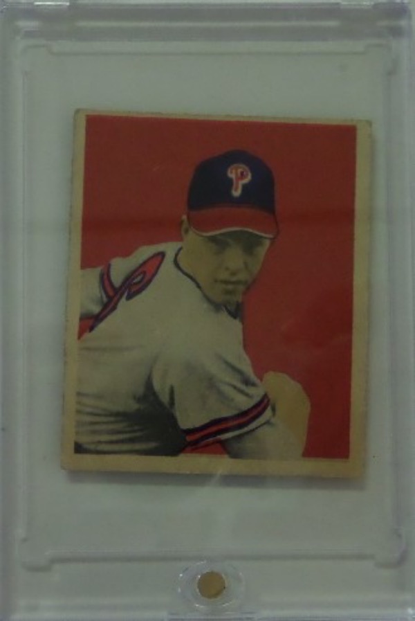 This 1949 Bowman Robin Roberts ROOKIE card #46 comes slabbed for us in what would fairly be called VG/VG+ condition. This is a very nice card with solid edges and corners, and only top to bottom centering keeping it from a high grade. If you are looking to UPGRADE any 1949 Bowman set, this is your card. The value here is in MID Hundreds, EASILY, as you do not find many of these OLD Bowmans in this condition, and a ROOKIE card of Robin Roberts as well.