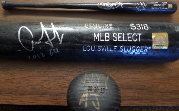 This $5500.00 NYY offering is a game used spring training bat, used by the 6 foot 8 inch slugger during his rookie year in Florida, and has a remaining gold hologram on the barrel. It is a black Louisville Slugger bat, "MLB Select" is in print in silver on the barrel, and "NYY AJ" is written on the knob. Judge has signed it accordingly with "2013 GU" written as a bonus, and  as always, we sell it with NO reserve!  