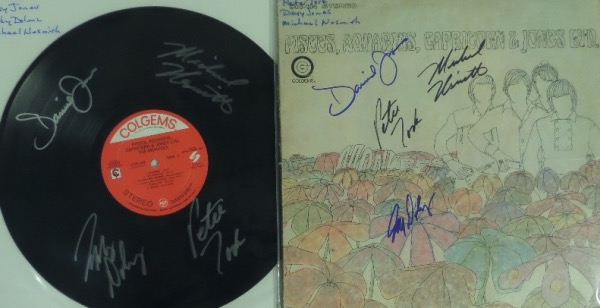 This original 1967 album is from the Monkees and entitled "Pisces, Aquarius, Capricorn & Jones, Ltd.", and comes to us in EX condition.  The album cover is hand-signed on the front cover in black and blue sharpie by all four band members, including Mickey, Davey, Peter and Mike, and the actual record is also signed by all four in silver, making for one heck of a display, and with all but Mickey now deceased, retail is low thousands, to be sure!