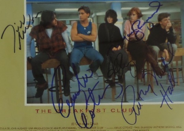 This 9.5x13.25 full color lobby card movie poster is for the hit 1980's movie, "The Breakfast Club."  It is NM, features a color image of all five "detentionees," and is hand-signed by all five.  Included are Judd Nelson, Anthony Michael Hall, Ally Sheedy, Molly Ringwald and Emilio Estevez.  A fantastic addition to any movie collection, and retail is easily mid hundreds!