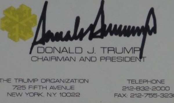 This 1990's era business card was carried around, and handled out on the streets of NYC by Trump. It comes black marker signed, grades a bold 10 all over, and value is upper hundreds on the former, and possible future President. 