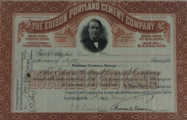 This real vintage stock certificate is large, ornate, and from the "The Edison Portland Cement Company". It is in EX/MT shape, is for 50 shares, comes boldly black ink signed by the long deceased genius and inventor, and will frame and display spectacularly.  A true piece of highly-desirable Americana, and retail is well into the thousands!