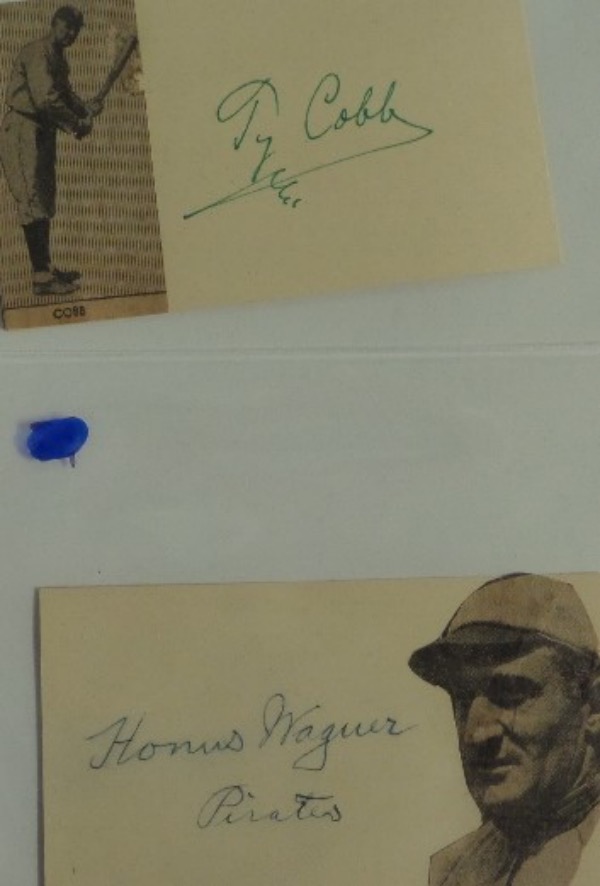 This wonderful collector's pair is TWO different 1cent United States Government postcards from the 1st half of the 20th Century.  Each is hand-signed by a different Inaugural 1936 HOF'er, with one penned in green by Ty Cobb, and the other in blue by Honus Wagner, and each card has a black and white book/magazine photo affixed as well.  With both all time greats included herein, retail is thousands!