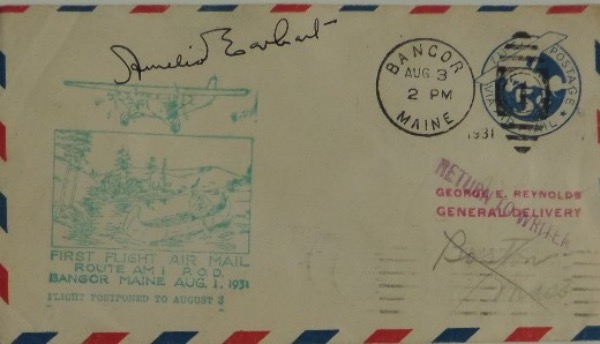 This vintage cachet measures approximately 3.5x6.5, is stamped from 1931, and is still in EX+ condition.  It is hand-signed in black ink by the legendary aviator, Amelia Earhart, and grades a legible 6.5 overall.  This well-kept collector's item will shine upon display, and with Earhart's mysterious disappearance now more than 80 years ago, retail is well into the low thousands!