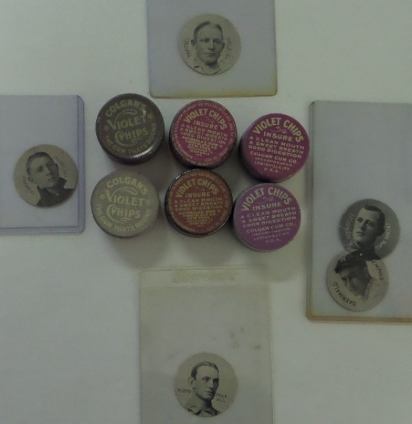 This one of a kind grouping is FIVE different black and white circular cards from the 1909 Colgan Gum baseball card collection.  They are small circular cards with manufacturer's stamping on the reverse, and they even come with the original "Violet Chips" gum cylinders for collectors.  Included are Harry Steinfeldt, Jesse Tannehill, Topsy Hartsel, Danny Murphy, and Rudy Baerwald.  Check out our attached photo to see a lot that, well, you're probably never going to see again!