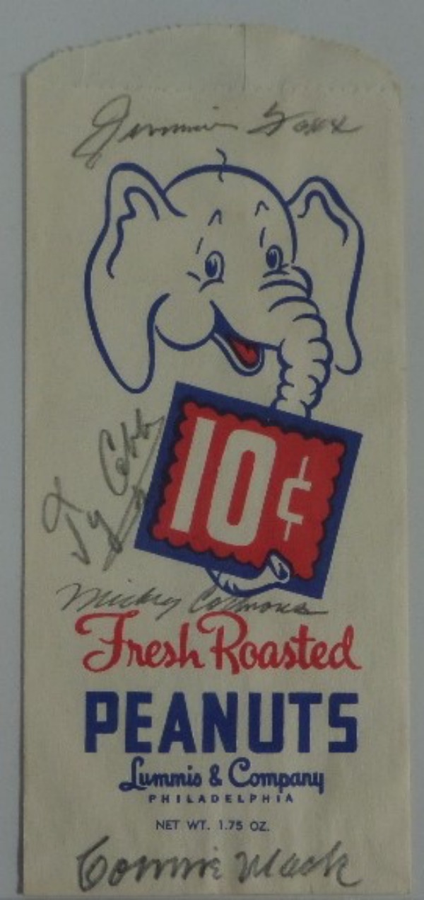 This vintage Fresh Roasted Peanuts original 10cent bag features the Philadelphia A's elephant logo, and is most likely from the late 1920's.  It is in EX overall condition, comes pencil-signed by longtime A's owner/manager Connie Mack, and HOF'ers Jimmie Foxx, Ty Cobb and Mickey Cochrane and with all four men now long gone, retail on this amazing collector's jewel is easily into the thousands!