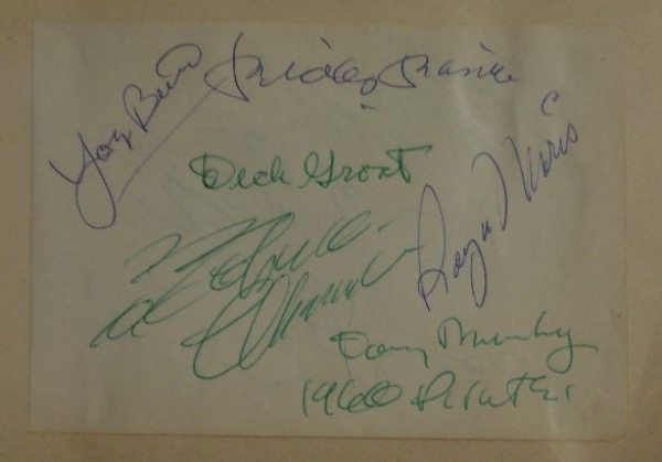 This very unique collector's item is a full autograph album page with a smaller one affixed to it, with the total size being 4.5x6.5.  It is hand-signed in blue by NY Yankees greats Mickey Mantle, Yogi Berra and Roger Maris, and in green ink by their 1960 World Series Pittsburgh Pirates foes of Danny Murtaugh, Dick Groat and Roberto Clemente.  Perfect to combine with a WS program, photo, or whatever you choose, and with everyone now long gone, retail is thousands!