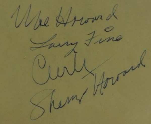 This wonderful and historic silver screen piece is a vintage cut of off yellow paper, cleanly cut on all sides.  It is in EX+ condition, measures about 3.5x4.5, and comes blue ink-signed by all four megastars, including Moe Howard, Larry Fine, Shemp Howard and Curly!  The signatures grade legible 8's each, and the piece will make for a wonderful display when combined with the photo of your choice!  Valued well, well into the hundreds!