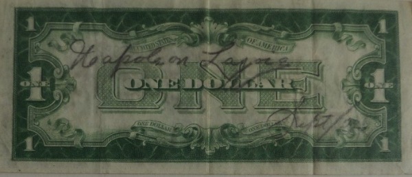 This vintage dollar bill comes pencil-signed on the back by this long-deceased and legendary HOFer from 1934!  Signature shows off nicely and the bill displays nicely with just the customary folds from being folder in a wallet almost 100 years ago! Very rare and high retail as Nap's autograph is very valuable!