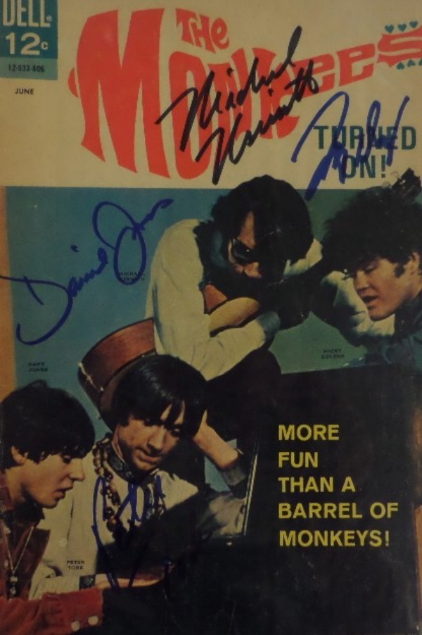 This vintage June 1968 The Monkees comic book from Dell is still in VG+ shape overall, with a color image of the band on the front cover.  It is hand-signed in blue and black sharpie by all four band members, including Mickey Dolenz, Mike Nesmith, Peter Tork and Davy Jones, and with only Dolenz left still alive, this comic is valued well into the mid/high hundreds!