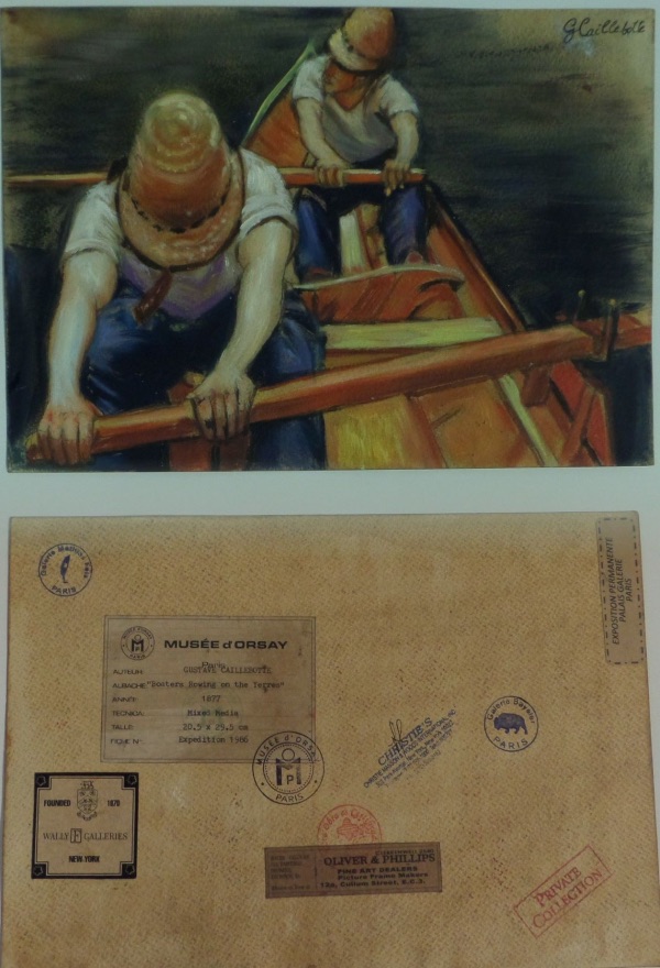 This piece is done mainly in orange,gold, & blues and shows 2 men in a rowboat!  Great coloring and signed by this long-deceased French painter at the bottom in black and dated from 1877!  The back comes with 7+ gallery marks/stamps from Christie's,etc. and value is well into the thousands!!