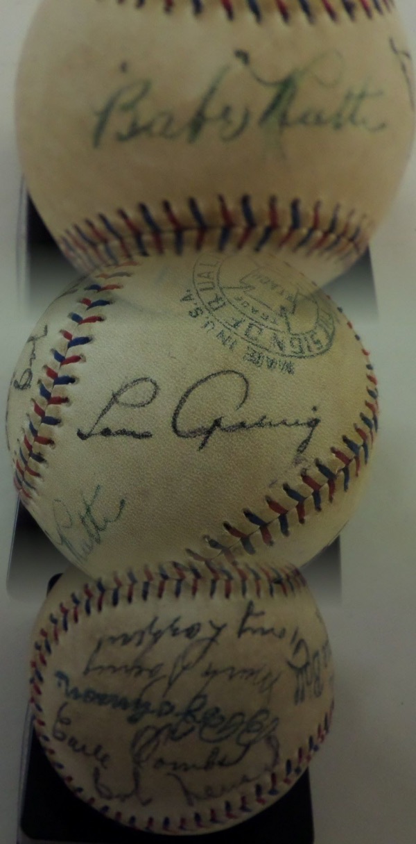 This historic "Murderers Row" team signed ball is Official from Reach and the AL, and comes ink signed by SIX World Champions and HOF Greats. I see babe Ruth across the sweet spot, while teamates Lou Gehrig, Earle Combs, Mark Koenig, Tony Lazzeri and Bob Meusel are nearby on side panels. Grade is an honest 6 on the cream colored HOF offering, and value is thousands! A free custom mirrored cherry wood holder accompanies for its proper show off. 