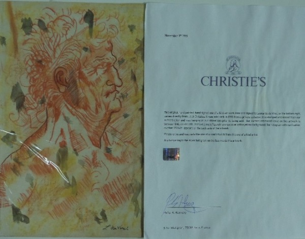 This amazing art world find is about 8x11 in size, comes in vibrant yellow and orange colors, and shows a man in distress. It is an original, all in his hand, and comes not only signed by the Master, but with 4 remaining Gallery stamps on the back AND a Christie's 1999 hologrammed full LOA..Wow!!!