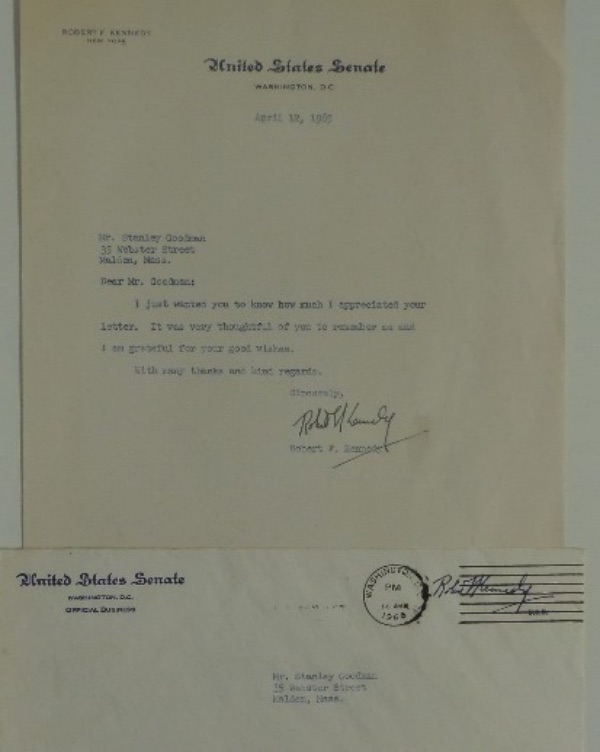 This awesome political piece is the letter and Senate envelope, complete with his name and "franking" stamp on it. It is dated from April 1965 and is typed, then hand signed full name at the bottom by Bobby, who would be shot just a few years later. It is in fabulous shape, and value is many times our asking price. 