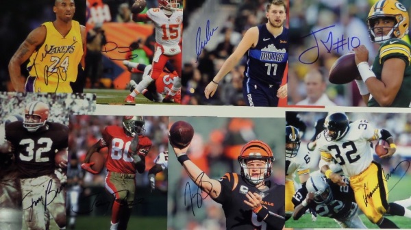 This wonderful array of photos is ideal for you whether you are a collector or a dealer.  It is a grouping of ELEVEN full color 8x10 photos of some of the greatest athletes in modern history, and each is autographed by the player shown.  Included are Kobe Bryant, Patrick Mahomes, Luka Doncic, Jim Brown, Jordan Love, Bo Jackson, Franco Harris, Jerry Rice, Joe Burrow, Shaq O'Neal, and Travis Kelce!  Awesome group lot here, and with three now deceased, retail is low thousands!