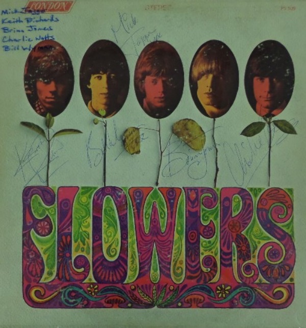 This vintage "Flowers" Stones compilation LP album is in beautiful EX/EX+ shape, and is autographed in blue ink by all five circa 1967 Stones.  Included are Mick Jagger, Keith Richards, Charlie Watts, Bill Wyman, and late, great band founder, Brian Jones, with all signatures grading 8's or better, and this frame-ready item values into the low thousands, at least!