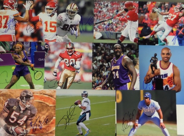 This wonderful array of photos is ideal for you whether you are a collector or a dealer.  It is a grouping of ELEVEN full color 8x10 photos of some of the greatest athletes in modern history, and each is autographed by the player shown.  Included are Serena Williams, George Kittle, Jerry Rice, Joey Votto, Shaq O'Neal, Travis Kelce, Bo Jackson, Charles, Barkley, Jalen Hurts, Brian Urlacher, and even one signed by BOTH Mahomes and Kelce!  Awesome group lot here, and with three now deceased, retail is low thousands!