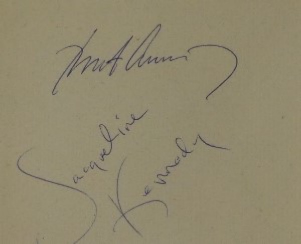 This vintage off white paper cut measures approximately 3.5x4.5 in size, and comes autographed in blue ink by America's beloved 1960's "First Couple", John and Jacqueline Kennedy.  These signatures each grade 7.5's or better, and with JFK's tragic murder now more than 60 years ago, and Jackie's untimely death now 30 years ago, this piece is valued into the low thousands!!!!