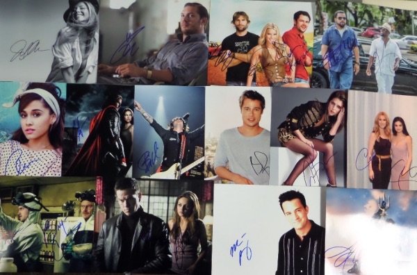 This amazing opportunity is an even ONE HUNDRED 8x10 celebrity photos, each hand-signed by the superstar(s) pictured.  Included herein are amazing photos autographed by the likes of Jennifer Aniston, Ariana Grande, Chris Hemsworth, Tom Hardy, Billy Joe, Bruce Willis, Sylvester Stallone, Ben Affleck, Brad Pitt, Will Smith, Dolly Parton (dec), a "Dukes of Hazzard" triple signed photo, Ice Cube/Kevin Hart, Bryan Cranston/Aaron Paul, Anna Kendrick, Al Pacino, Selena Gomez/Celine Dion, Owen Wilson, Jonah Hill, Mark Walberg/Mila Kunis, Matthew Perry (dec), Jason Momoa, Leo DiCaprio, Robin Williams (dec), Beyonce, Ryan Reynolds, and SO many more.  A fantastic group of photos, and retail is thousands, to be certain!