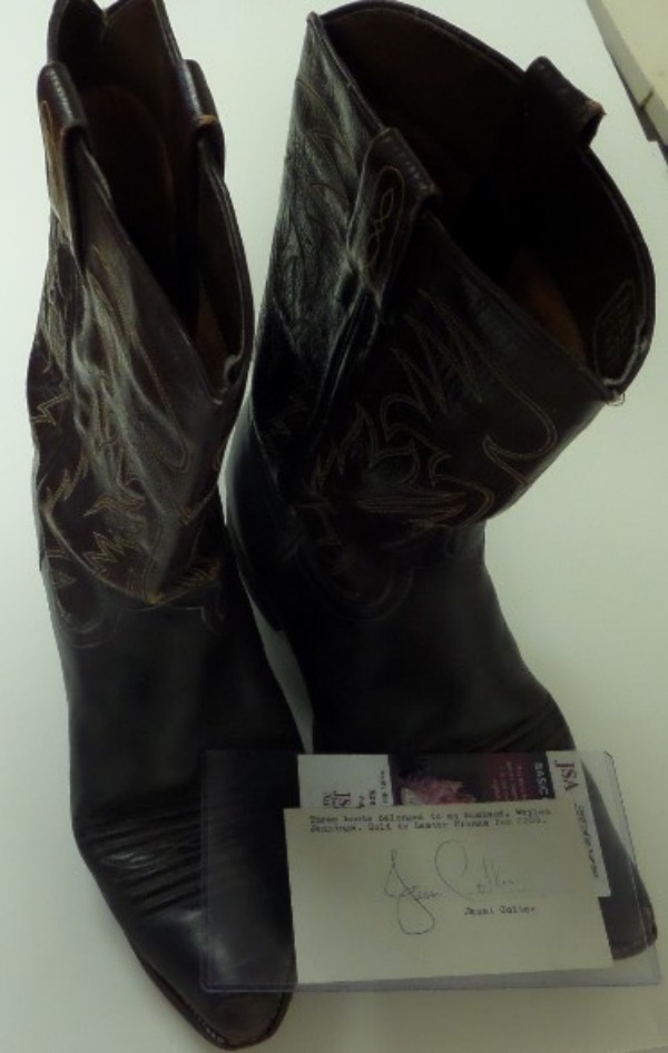 This awesome 1970's item is a pair of his own cowboy boots, lots of wear shown, and sold by hi wife Jessie Colter back in the day. Her own hand signed note, certified by JSA is included, and value of this Country Music HOF worthy item is thousands we believe. 