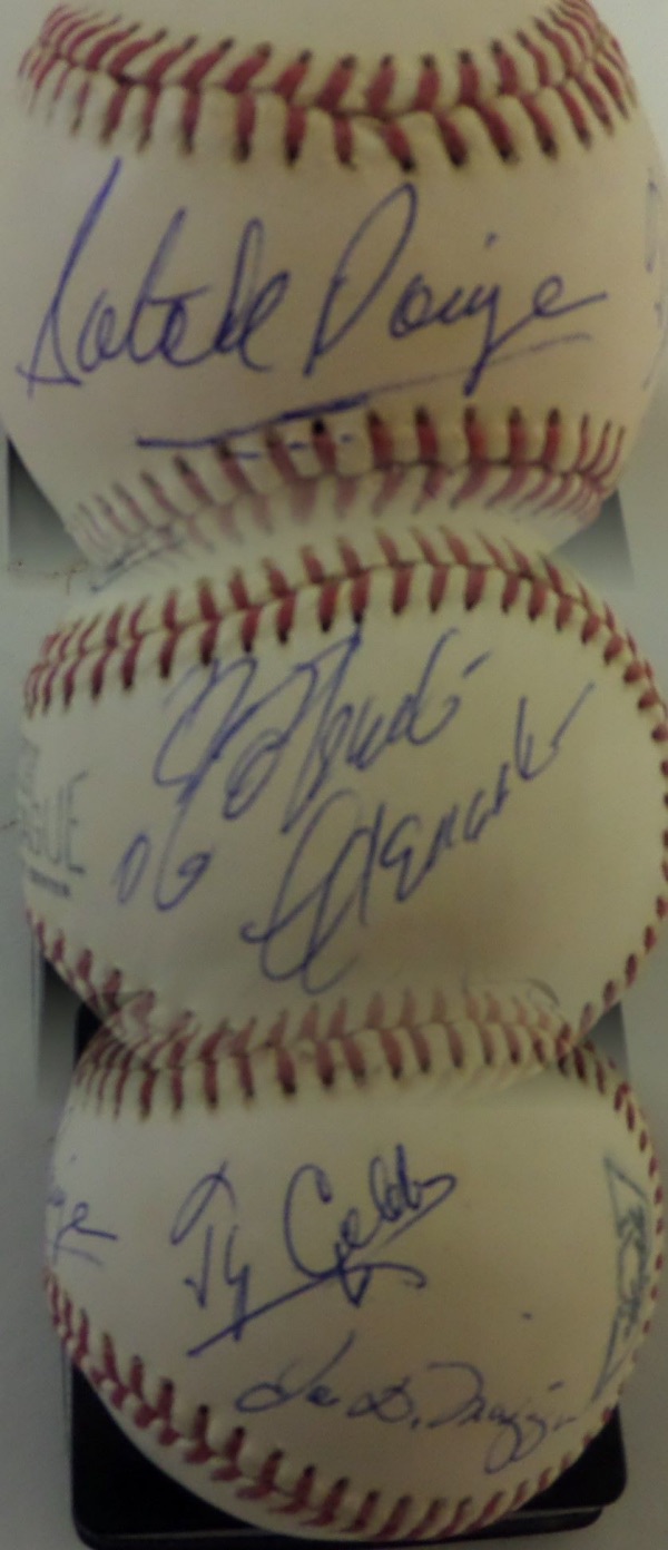 This very old Official League ball from Worth is still in EX condition overall, and comes blue ink-signed by a quartet of all time MLB greats.  Included are Satchel Paige on the sweet spot, Ty Cobb and Joe D. on the right panel, Roberto Clemente on the top, and with all four men long-gone, retail is thousands!