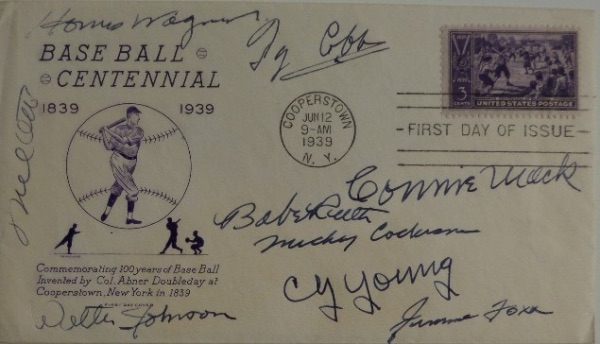 This June 12, 1939 stamped First Day of Issue cachet is hand-signed in dark blue ink by NINE of the greatest ever to play/coach!  Included are Babe Ruth, Cy Young, Ty Cobb, Honus Wagner, Jimmie Foxx, Mel Ott, Mickey Cochrane, Walter Johnson and Connie Mack.  With all of these legends on one piece, retail has got to be upwards of ten grand!