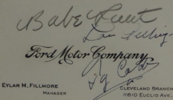 This small but mighty memorabilia item is an original Ford Motor Company business card, in EX/MT shape, and comes hand-signed by three of the greatest players ever!  Included are Babe Ruth, Lou Gehrig, and Ty Cobb, and with all three legends gone well over 60 years, retail is low thousands!