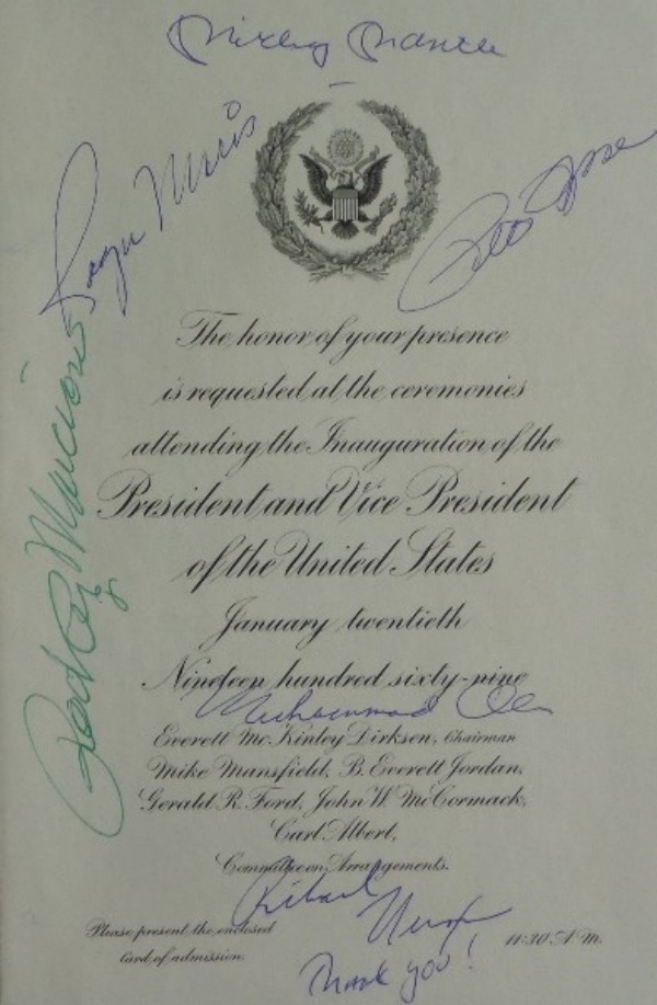 This 6.5x10 Inauguration invitation is from 1969, and comes hand-signed in blue ink not only by the 37th President Richard Nixon, but also by 5 different iconic athletes!  Included are Mickey Mantle, Roger Maris, Muhammad Ali, Pete Rose and Rocky Marciano.  Signatures look stupendous on this ready-to-frame piece, and with 4 of the 5 deceased, retail is low thousands!