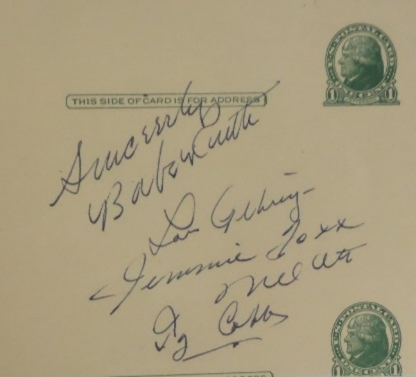 This piece is a full 1cent US govt postcard, as well as part of another, and it comes hand-signed in dark blue ink by no less than 5 all time greats of the game. . Included are Ruth, Gehrig, Foxx, Ott and Cobb, and with all five men gone 60+ years, retail is thousands!