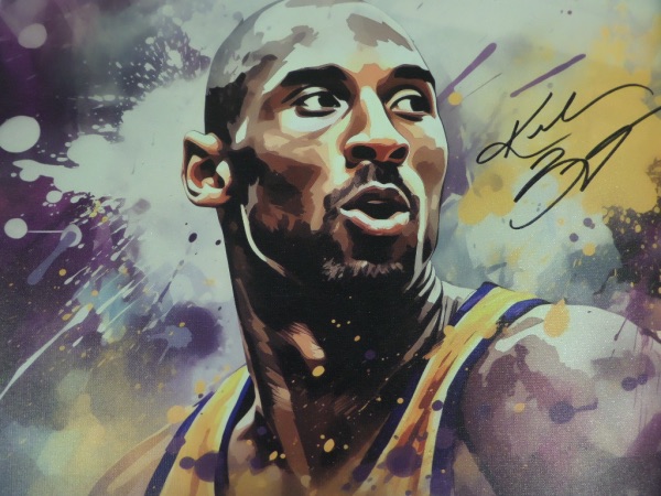 This gem is a 20x28 full color work, well done on REAL canvas, and shows the deceased LA Lakers HOF great  in a custom pose. It comes blue sharpie  signed on a nice spot, grades an honest 10 all over, and value is thousands easily. It is a beauty, FULL name is signed, NOT just "Kobe", and a buy and hold investment it certainly is. 