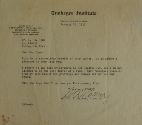 This high value item is a typed letter on Tuskegee Institute letterhead, dated from 1938, and comes signed along the bottom in ink by the long deceased scientist. It is in great shape, has the usual folds, and value is ? 