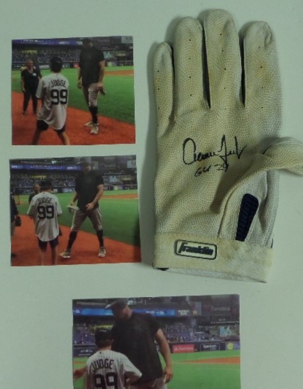 This incredible, IN PERSON field obtained lot is his huge Franklin batting glove, used during the 2024 season, then signed by Judge before giving it to a ball kid. It was used in Toronto, and 2-diff. color photos taken show how it was obtained. Great lot, certainty provided, and value is ??