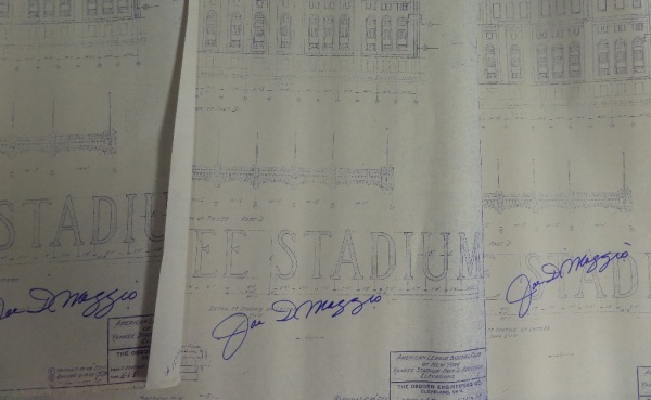 These 2x3 FOOT beautys shows a bunch of 1920's facades of the old stadium, just being built, and comes from the original architects/engineers. They comes boldly blue sharpie signed by its most famous resident, deceased HOF great Joe DiMaggio, and grade is a 10 all over the place. Terrific buy and hold investments, and ONE sold for 2 grand at auction.