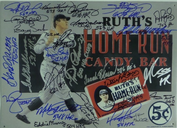 This roughly 12x16 metal replica sign for Babe Ruth Home Run Candy is still in NM condition, and dated from 1991.  It is hand-signed in blue, black and silver by no less than 25 members of the vaunted 500 Home Run Club, including Mantle (dec), Mays (dec), Schmidt, Pujols, ARod, Cabrera, Reggie, Aaron, (dec), Mathews (dec), Griffey Jr., Murray, Robinson (dec), Thome, Palmiero, Sosa, Sheffield, Ramirez, Ortiz, McCovey (dec), Banks, (dec), Williams (dec), Bonds, Killebrew (dec) and Thomas, and each and every man added his home run total to his signature.  Retail is well into the thousands, but we're going to start the bidding at a rock bottom minimum!