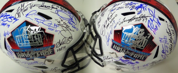 This Pro Football Hall of Fame logo full size replica helmet is in NM condition, and comes hand-signed all over in blue, silver and black by no less than 44 gridiron greats, many of whom are no longer living.  Included are Namath, E. Smith, Polamalu, Kelly, Favre, Aikman, Dawkins, Owens, Strahan, Montana, Marino, Bradshaw, Elway, P. Manning, Rice, Sanders, Swann, Young, Lewis, Moss, LT, Sapp, and many more.  With so many all time greats present, retail is well, well into the thousands!