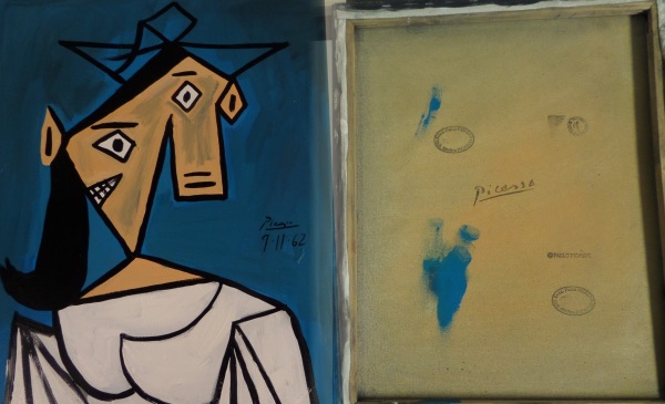 This piece measures 16"x20" after framing the canvas on wood.  It is an original oil on canvas and done in blues,whites,blacks & beige mainly!  Last name signed at the middle right in black from 1962 and typical Picasso imagery of a surreal man from this long-deceased master.  The reverse contains numerous Gallery stamps and markings including the Picasso museum and retails well into the 6 figures.  Wow.