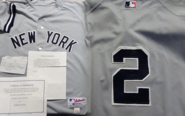 This one of a kind collector's item is a road gray away New York Yankees #2 jersey that is a size 48 with 2" extra length, and has everything professionally-sewn.  All of the proper tagging is here, including the Russell Athletic tag at the bottom, with the 2" tag added, which can only be found on professional jerseys.  This jersey is a real looker--just check out our attached photo--and comes with a letter from the collector, stating that this is a 2002 game used Jeter jersey, as well as a COA from Legends of Sports, as well as an original receipt from the buyer, who purchased it for $4000.00!!!