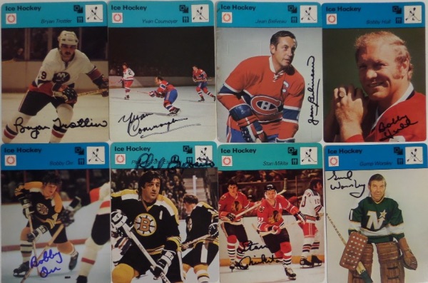 This amazing and one of a kind collection is EIGHT different 1970's Sportscaster cards, and each and every last one is penned by the HOF great shown!  Included are Phil Esposito, Stan Mikita, Bobby Hull, Gene Beliveau, Gump Worsley, Bryan Trottier, Yvan Cournoyer and the great Bobby Orr!  WOW!!!!  That's like 8 of the greatest players EVER, and they're all here in one place, waiting for your bid, so what are YOU waiting for?!?!?!?