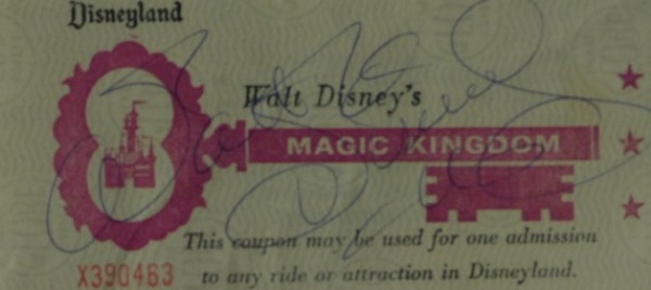 This vintage full ticket for Disneyland's "Magic Kingdom" is in EX/MT condition, and comes blue ink-signed by the visionary behind the entire company, Walt Disney!  Signature is about a 7 overall, and with Disney's death now over a half century ago, this MUST HAVE, unique collector's item is valued well into the hundreds!