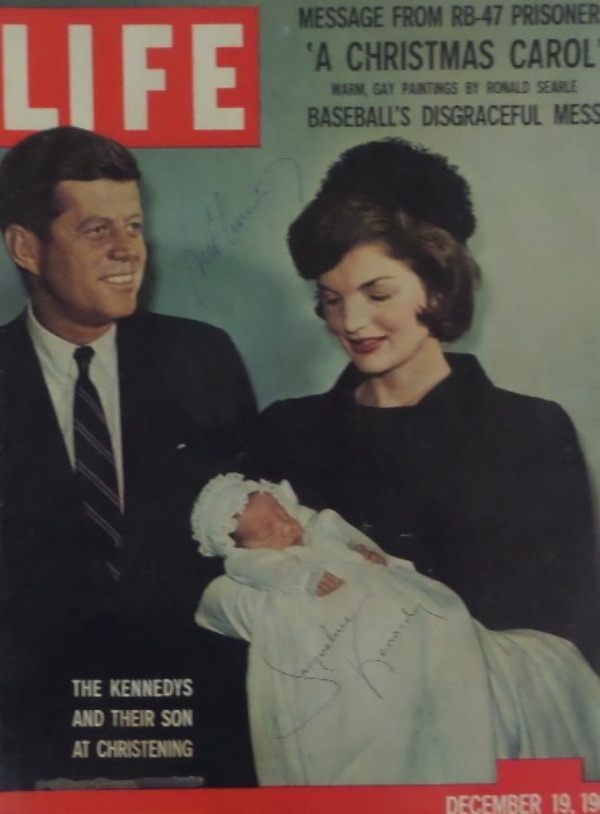 This amazing, VINTAGE December 19, 1960 full issue of LIFE magazine is in EX overall condition, and comes cover signed in ball point pen ink by both the long-deceased 35th US President, and his deceased former first lady as well.  This amazing, historic item values into the VERY high hundreds/low thousands, as it was obviously signed during his Presidency!