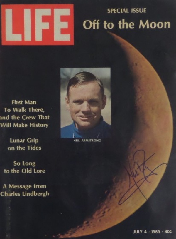 This original July 4, 1969 issue of LIFE is in EX overall condition, showing Neil Armstrong and the moon's surface.  It is nicely signed in blue sharpie by the first man on the moon, Neil Armstrong (a truly tough autograph, to be certain), and will show off brilliantly upon framing for display!